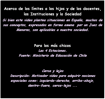 Cuadro de texto: &nbsp;
Acerca de los l�mites a los hijos y de los docentes, las Instituciones y la Sociedad
Si bien este video plantea situaciones en Espa�a, muchos de sus conceptos, expresados en forma amena&nbsp; por un Juez de Menores, son aplicables a nuestra sociedad.


&nbsp;
Para los m�s chicos
Las 4 Estaciones. 
Fuente: Ministerio de Educaci�n de Chile


Cerca y lejos 
Descripci�n: Motivador video para adquirir nociones espaciales como: izquierda-derecha, arriba-abajo, 
dentro-fuera, cerca-lejos ... 
