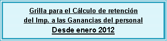 Cuadro de texto: Grilla para el C�lculo de retenci�n del Imp. a las Ganancias del personalDesde enero 2012
