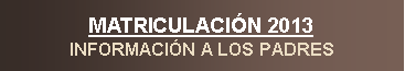 Cuadro de texto: MATRICULACI�N 2013 INFORMACI�N A LOS PADRES