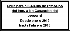 Cuadro de texto: Grilla para el C�lculo de retenci�n del Imp. a las Ganancias del personalDesde enero 2012 
hasta Febrero 2013
